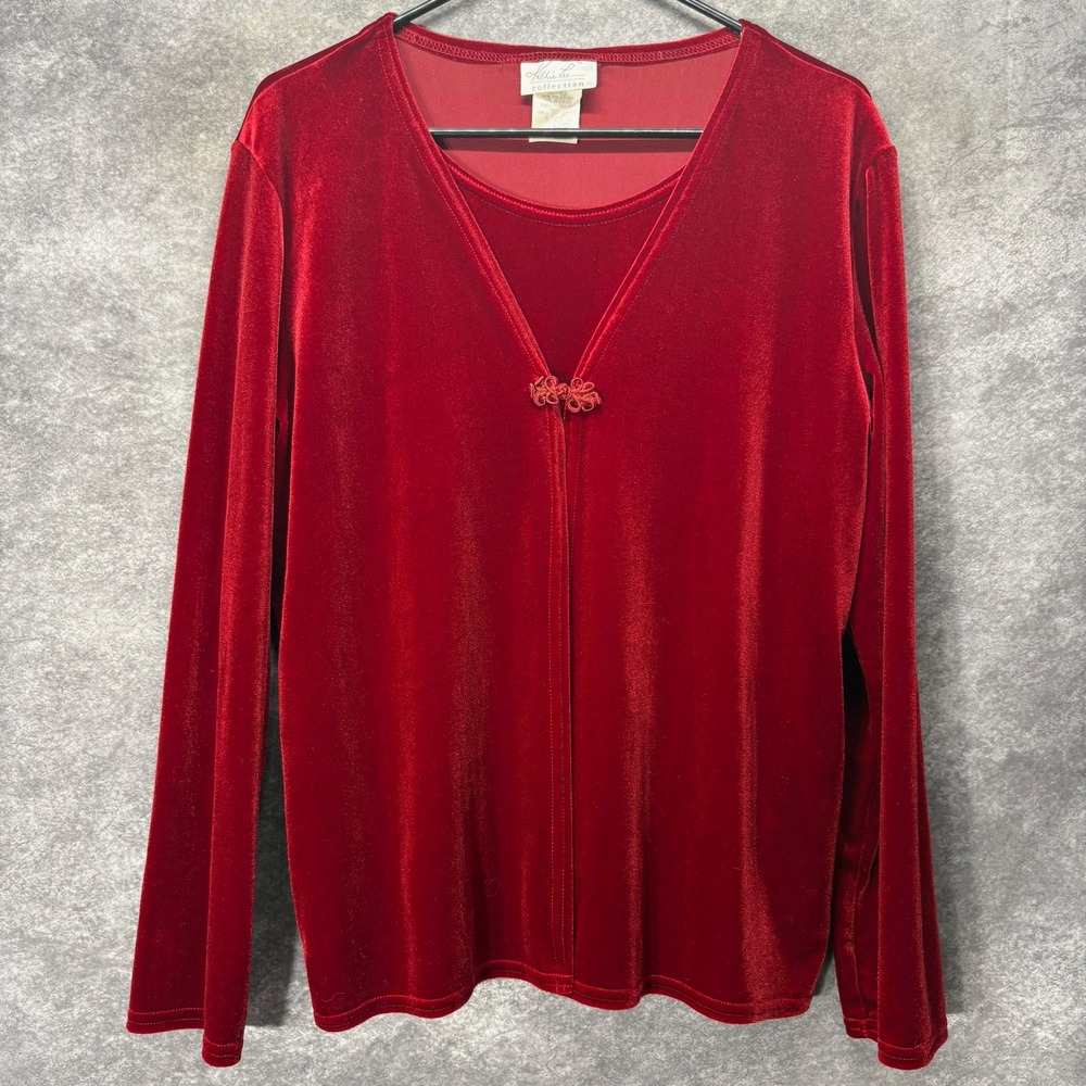 Vintage Kathie Lee Collection Red Velvet Top Blouse Size L Holiday Glam Vamp